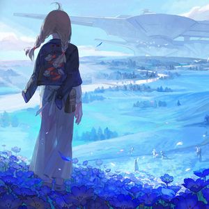 Preview wallpaper girl, flowers, field, fantasy, anime, art, cartoon