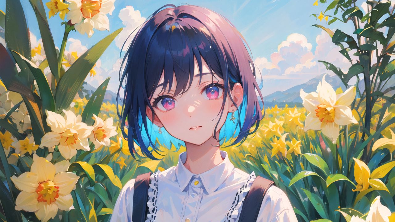 Wallpaper girl, flowers, field, anime