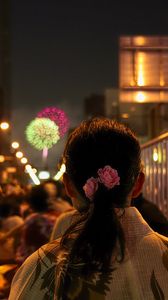 Preview wallpaper girl, flowers, fireworks, blur