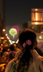 Preview wallpaper girl, flowers, fireworks, blur