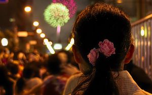 Preview wallpaper girl, flowers, fireworks, blur