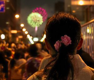 Preview wallpaper girl, flowers, fireworks, blur