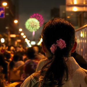 Preview wallpaper girl, flowers, fireworks, blur