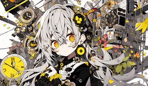 Preview wallpaper girl, flowers, hairpins, anime, yellow