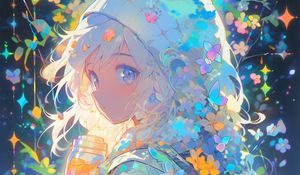 Preview wallpaper girl, flowers, hat, anime