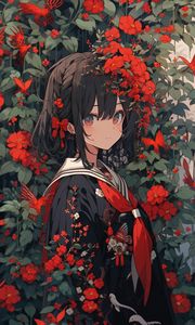 Preview wallpaper girl, flowers, jewelry, leaves, anime