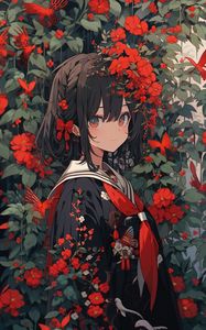 Preview wallpaper girl, flowers, jewelry, leaves, anime