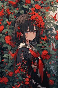 Preview wallpaper girl, flowers, jewelry, leaves, anime