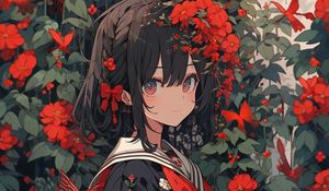 Preview wallpaper girl, flowers, jewelry, leaves, anime