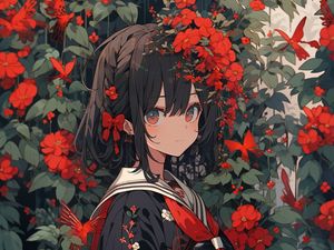 Preview wallpaper girl, flowers, jewelry, leaves, anime