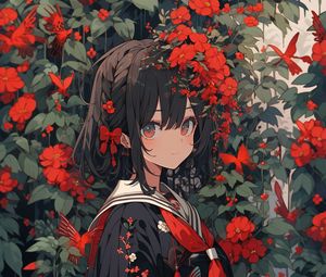 Preview wallpaper girl, flowers, jewelry, leaves, anime