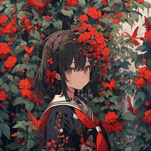 Preview wallpaper girl, flowers, jewelry, leaves, anime