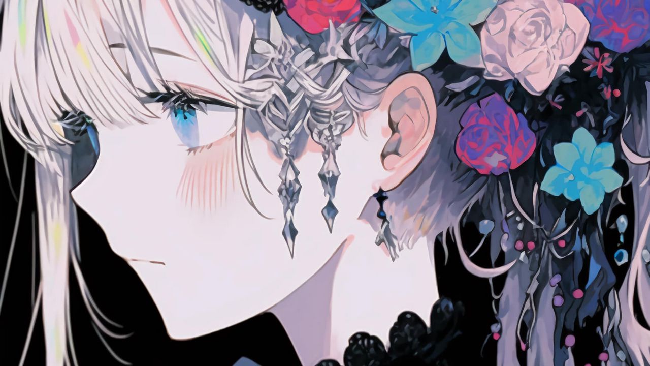 Wallpaper girl, flowers, jewelry, anime, art, profile