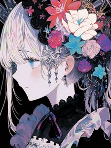 Preview wallpaper girl, flowers, jewelry, anime, art, profile