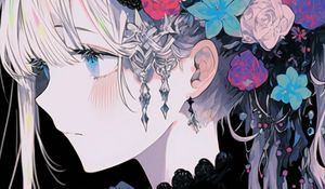 Preview wallpaper girl, flowers, jewelry, anime, art, profile