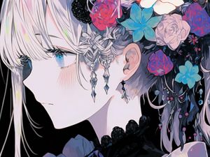 Preview wallpaper girl, flowers, jewelry, anime, art, profile