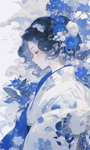 Preview wallpaper girl, flowers, kimono, anime, blue, white