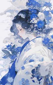Preview wallpaper girl, flowers, kimono, anime, blue, white