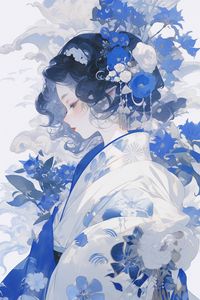 Preview wallpaper girl, flowers, kimono, anime, blue, white