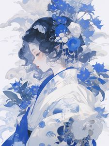 Preview wallpaper girl, flowers, kimono, anime, blue, white