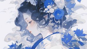 Preview wallpaper girl, flowers, kimono, anime, blue, white