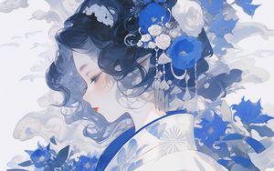 Preview wallpaper girl, flowers, kimono, anime, blue, white