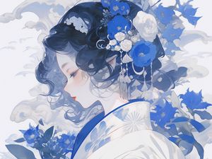 Preview wallpaper girl, flowers, kimono, anime, blue, white