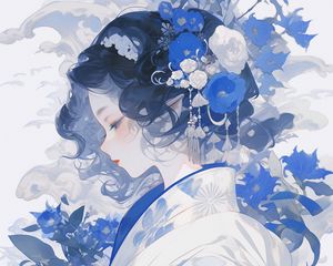 Preview wallpaper girl, flowers, kimono, anime, blue, white