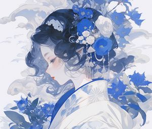 Preview wallpaper girl, flowers, kimono, anime, blue, white