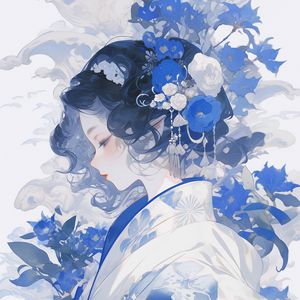 Preview wallpaper girl, flowers, kimono, anime, blue, white