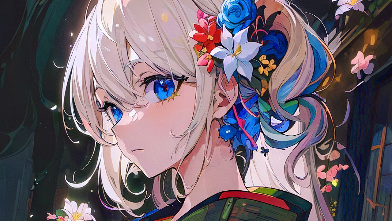 Wallpaper girl, flowers, kimono, art, anime