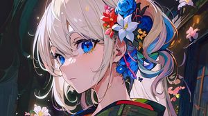 Preview wallpaper girl, flowers, kimono, art, anime