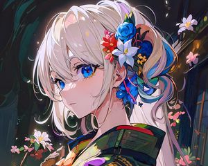 Preview wallpaper girl, flowers, kimono, art, anime