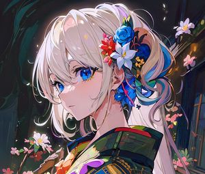 Preview wallpaper girl, flowers, kimono, art, anime