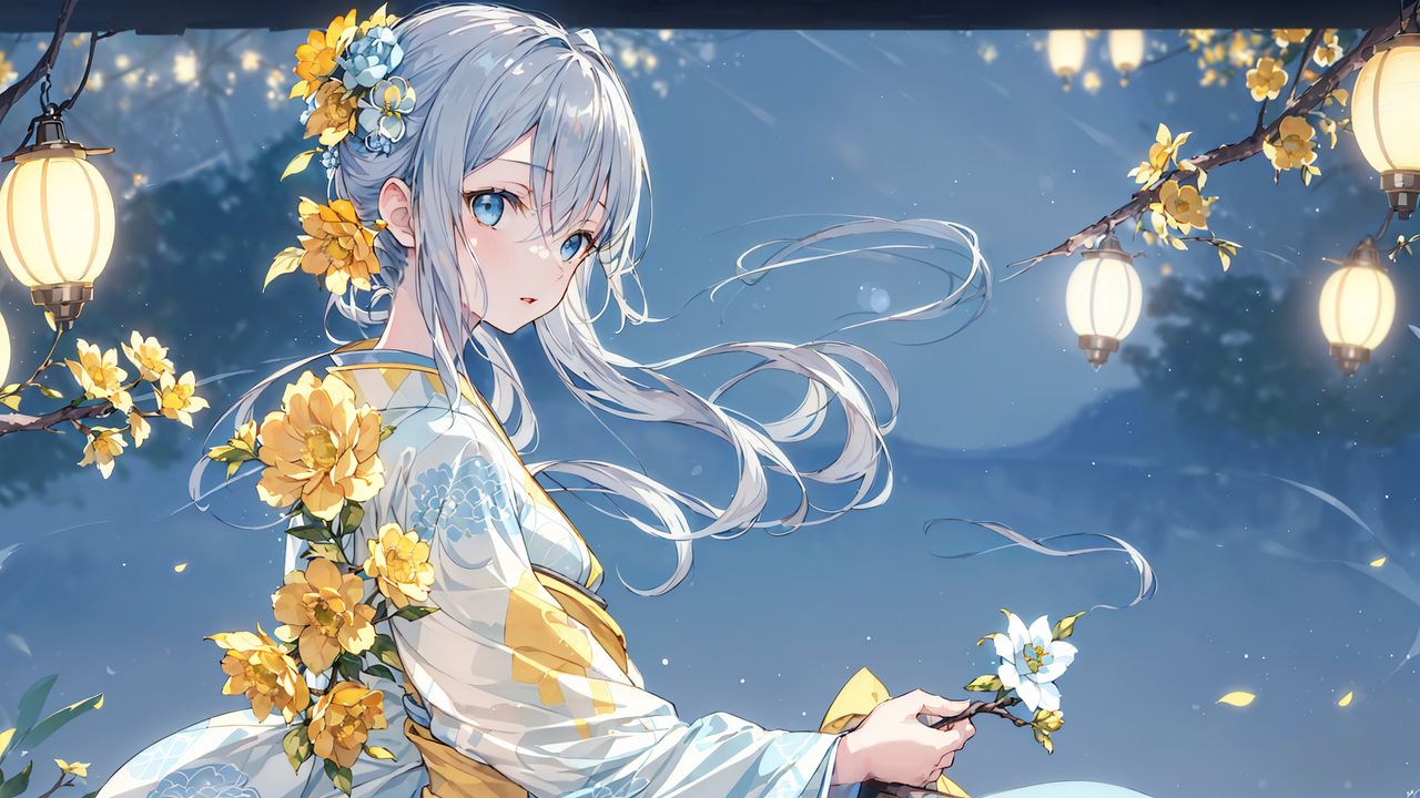 Wallpaper girl, flowers, kimono, art, anime, blue, yellow