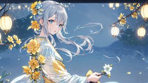 Preview wallpaper girl, flowers, kimono, art, anime, blue, yellow