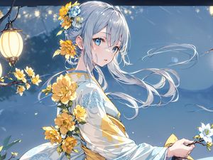 Preview wallpaper girl, flowers, kimono, art, anime, blue, yellow