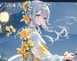 Preview wallpaper girl, flowers, kimono, art, anime, blue, yellow