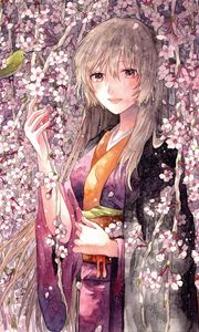 Preview wallpaper girl, flowers, kimono, anime, art