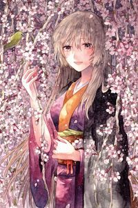 Preview wallpaper girl, flowers, kimono, anime, art