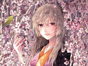 Preview wallpaper girl, flowers, kimono, anime, art