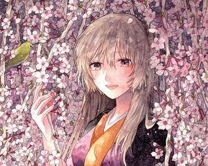 Preview wallpaper girl, flowers, kimono, anime, art