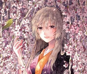 Preview wallpaper girl, flowers, kimono, anime, art