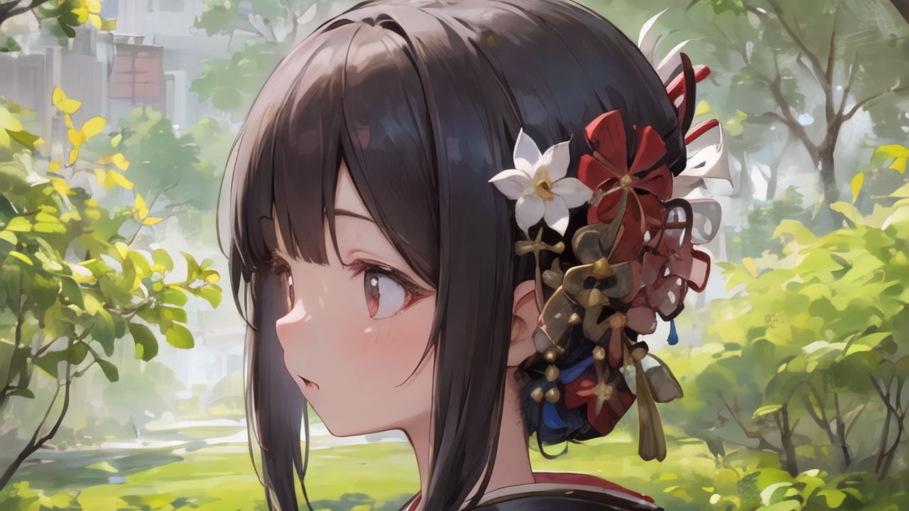 Wallpaper girl, flowers, kimono, trees, anime