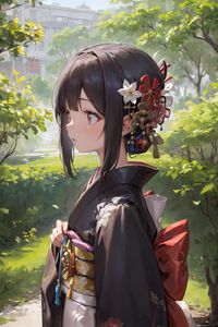 Preview wallpaper girl, flowers, kimono, trees, anime