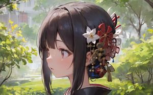 Preview wallpaper girl, flowers, kimono, trees, anime