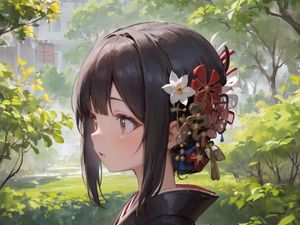 Preview wallpaper girl, flowers, kimono, trees, anime