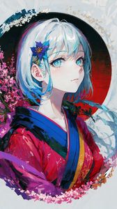 Preview wallpaper girl, flowers, kimono, paint, anime
