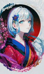 Preview wallpaper girl, flowers, kimono, paint, anime