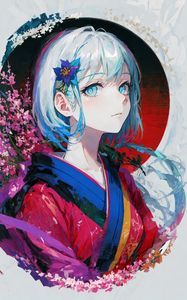 Preview wallpaper girl, flowers, kimono, paint, anime